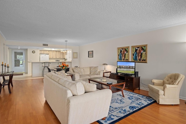 living room featuring a textured ceiling, crown molding, and light wood-type flooring