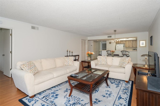 living room featuring hardwood / wood-style flooring, ornamental molding, and a textured ceiling