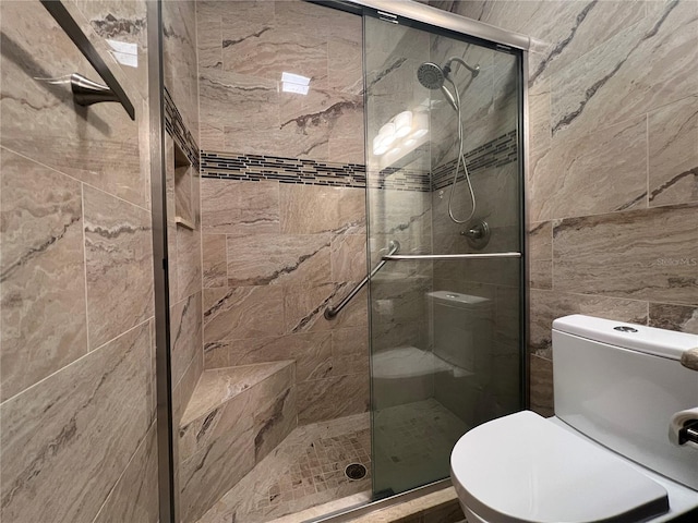 bathroom with a stall shower and toilet