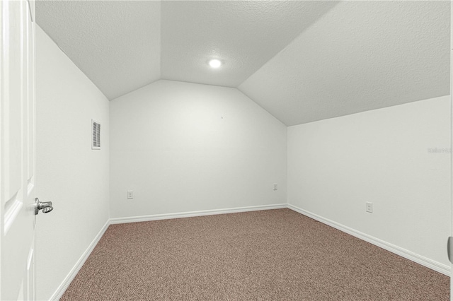 additional living space featuring lofted ceiling, carpet floors, and a textured ceiling