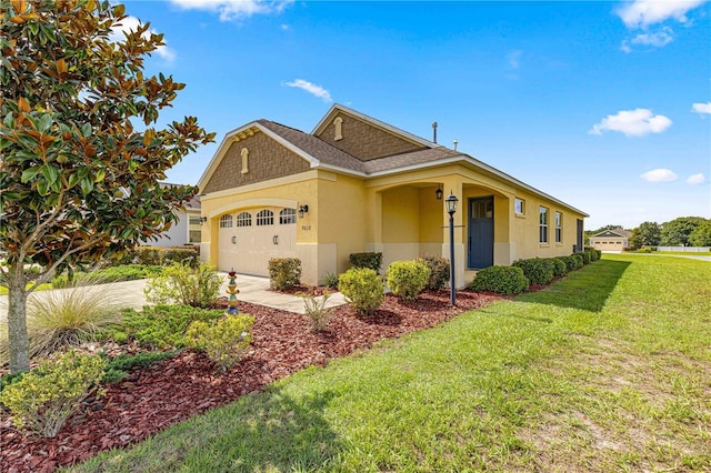 view of front of property with a front lawn, roof with shingles, stucco siding, concrete driveway, and an attached garage