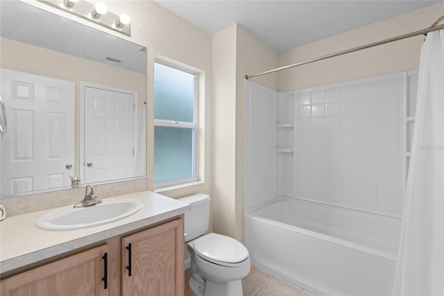 full bathroom with tile patterned flooring, a textured ceiling, toilet, vanity, and shower / bathtub combination with curtain