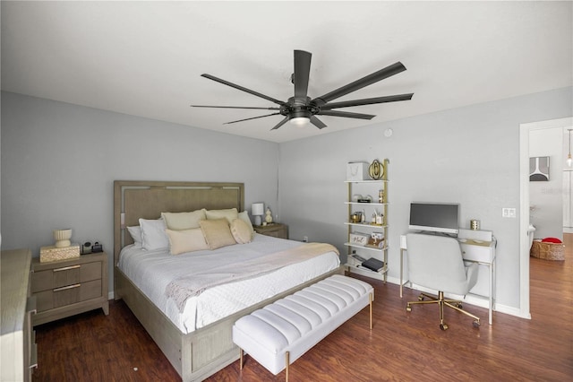 bedroom featuring dark hardwood / wood-style flooring and ceiling fan