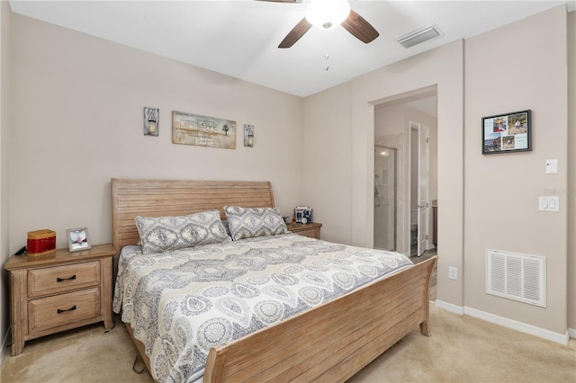 bedroom featuring ceiling fan and light colored carpet