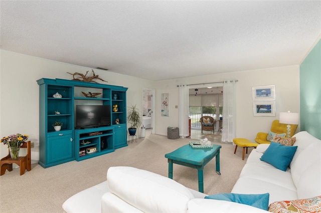 carpeted living room with a textured ceiling