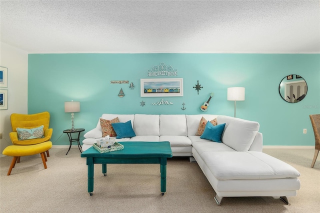 carpeted living room featuring a textured ceiling