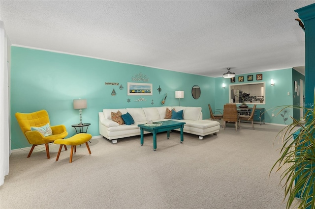 carpeted living room with a textured ceiling