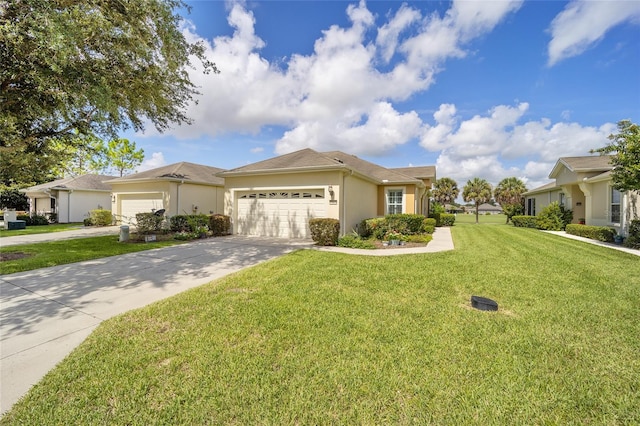 ranch-style house with a garage and a front yard