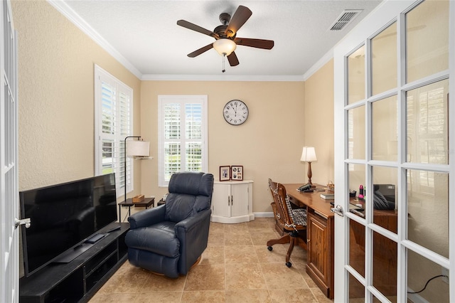 home office featuring ceiling fan and ornamental molding