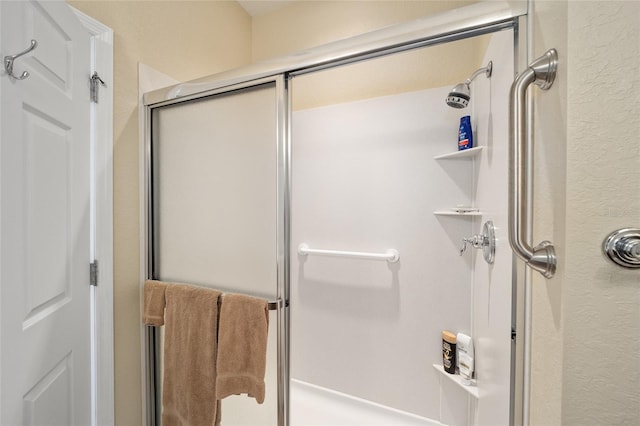 bathroom featuring a shower with door