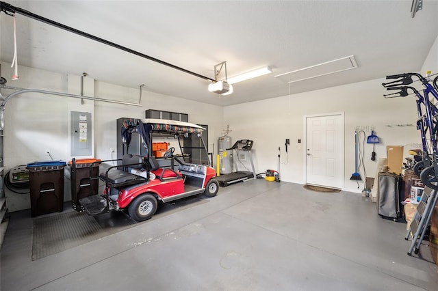 garage featuring electric panel, a garage door opener, and water heater