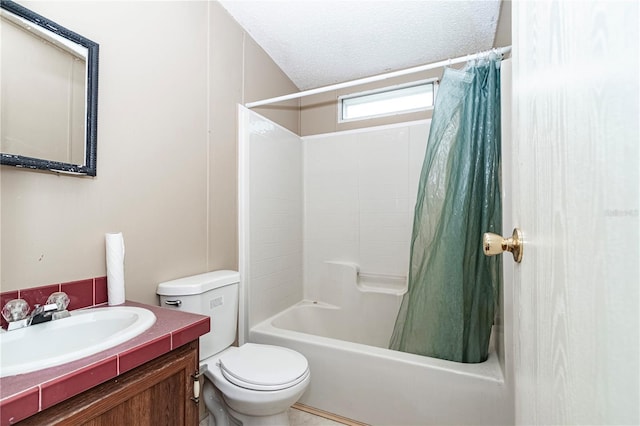 full bathroom featuring shower / tub combo, a textured ceiling, toilet, and vanity