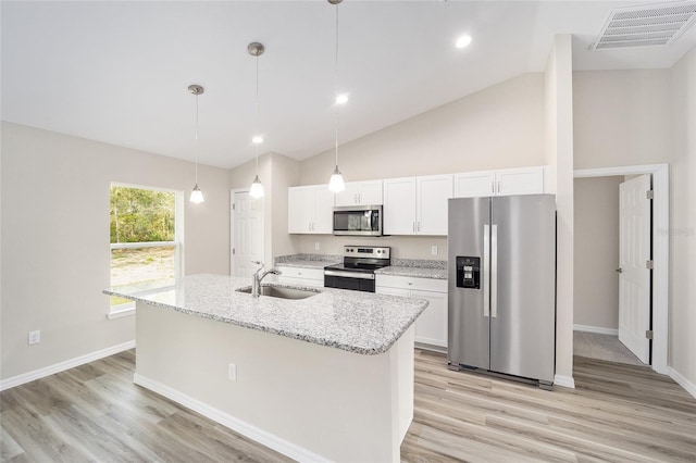 kitchen featuring white cabinetry, light wood-type flooring, hanging light fixtures, appliances with stainless steel finishes, and sink