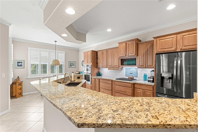 kitchen featuring light tile patterned flooring, tasteful backsplash, sink, stainless steel appliances, and crown molding