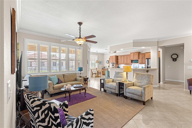 living room featuring crown molding, a textured ceiling, and light tile patterned floors