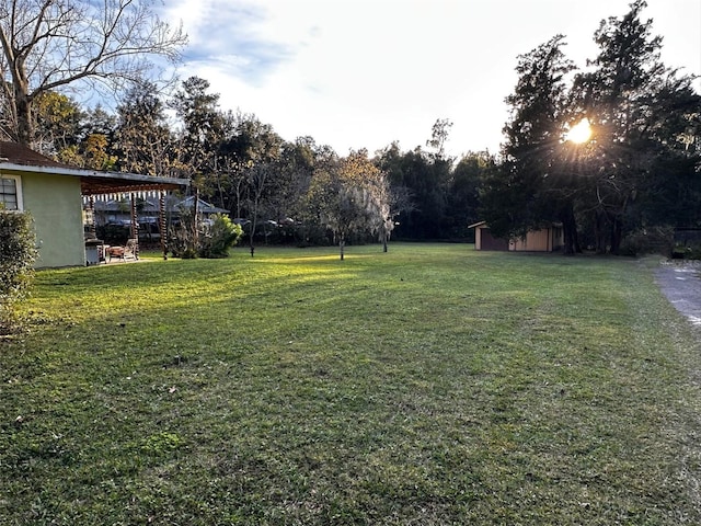 view of yard with a storage shed