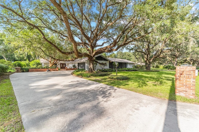 view of front facade with concrete driveway and a front lawn