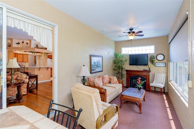 living room featuring hardwood / wood-style floors and ceiling fan