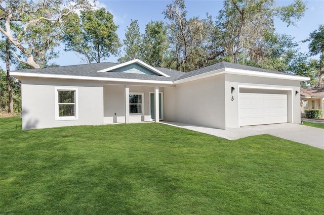 5 Emerald Trl, Ocala, FL 34472 - ranch-style house featuring a front yard, concrete driveway, an attached garage, a shingled roof, and stucco siding