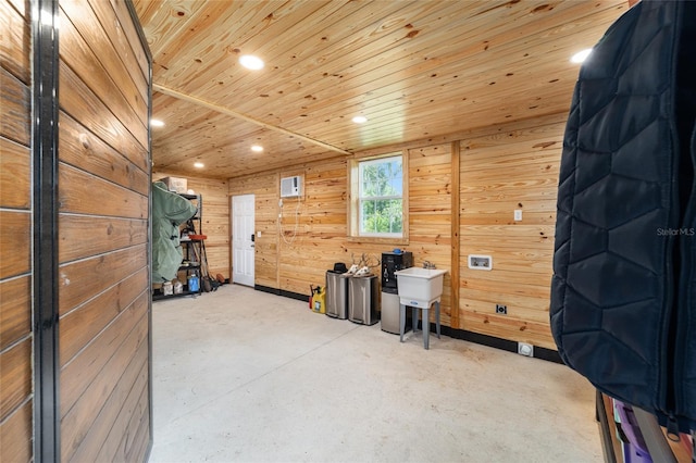 interior space featuring wood walls and wood ceiling