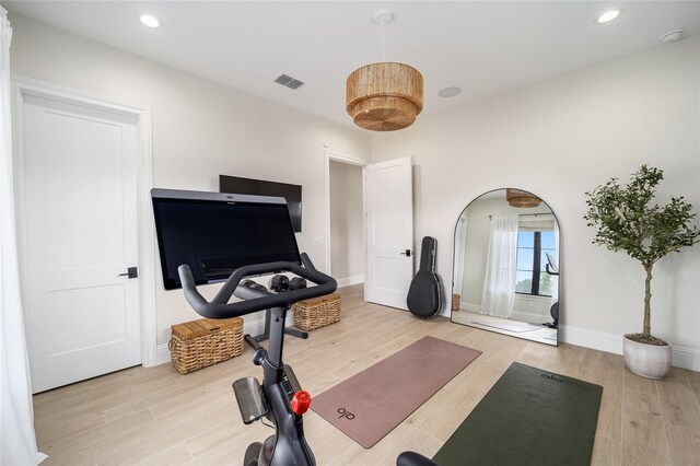 workout area featuring light hardwood / wood-style flooring