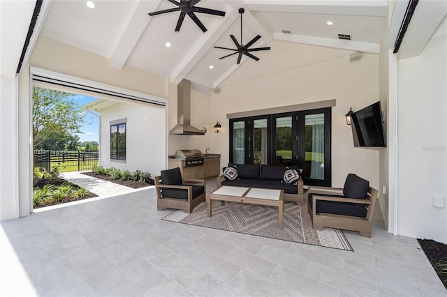 view of patio / terrace featuring french doors, an outdoor hangout area, ceiling fan, and a grill