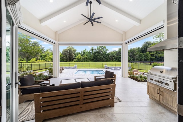 view of patio with a fenced in pool, a grill, an outdoor living space, and area for grilling