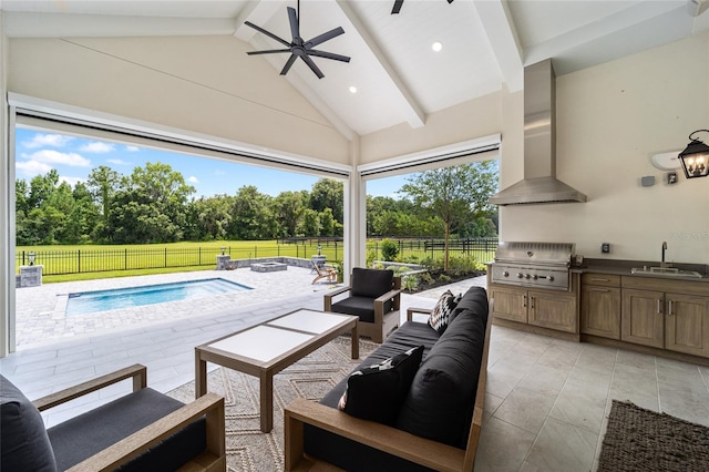 view of swimming pool featuring area for grilling, ceiling fan, and sink