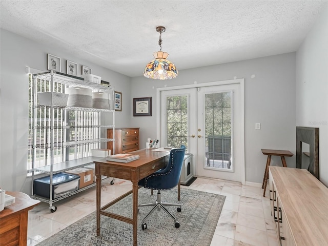 home office featuring french doors, a textured ceiling, baseboards, and marble finish floor