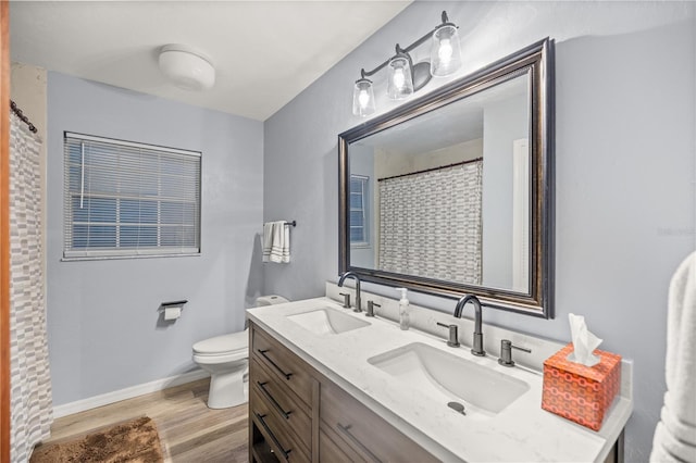 bathroom with vanity, toilet, and wood-type flooring