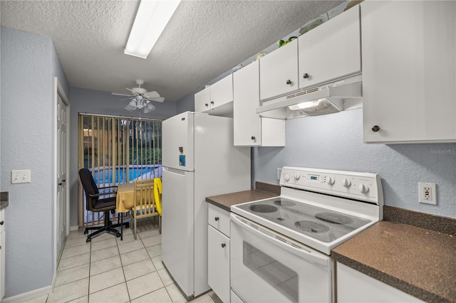 kitchen featuring white cabinetry, white appliances, a textured ceiling, light tile patterned floors, and ceiling fan