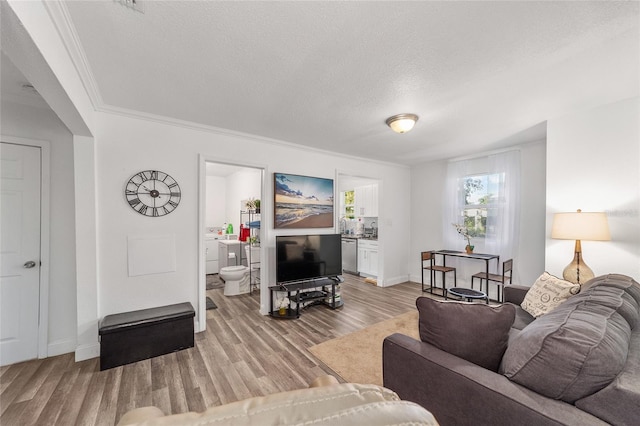 living room featuring a textured ceiling, light wood-type flooring, and crown molding