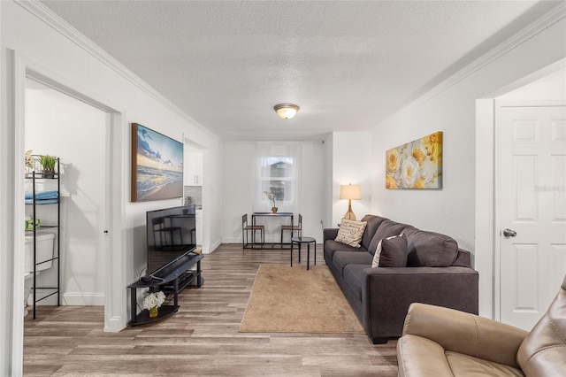 living room featuring a textured ceiling, hardwood / wood-style floors, and crown molding