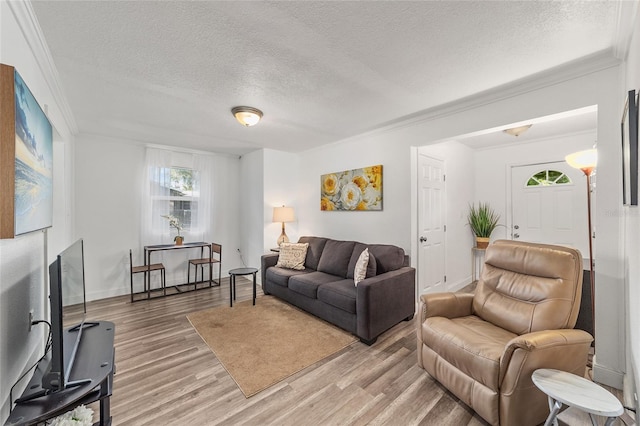 living room featuring wood-type flooring, a textured ceiling, and ornamental molding