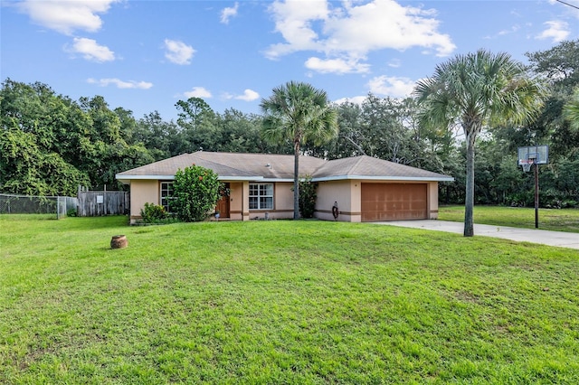 single story home with a garage and a front lawn