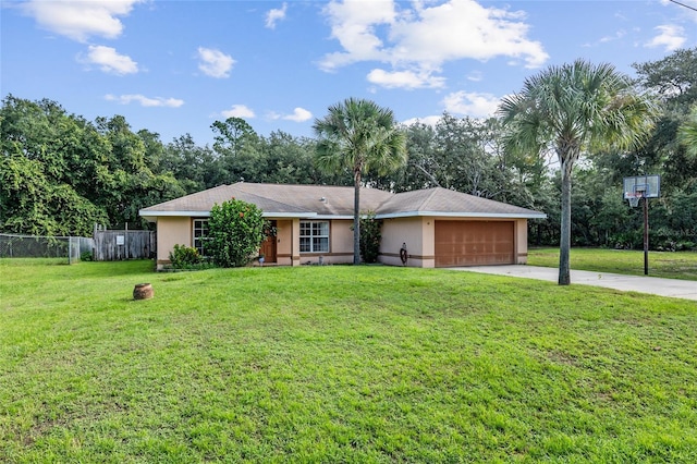 ranch-style home with a garage and a front yard