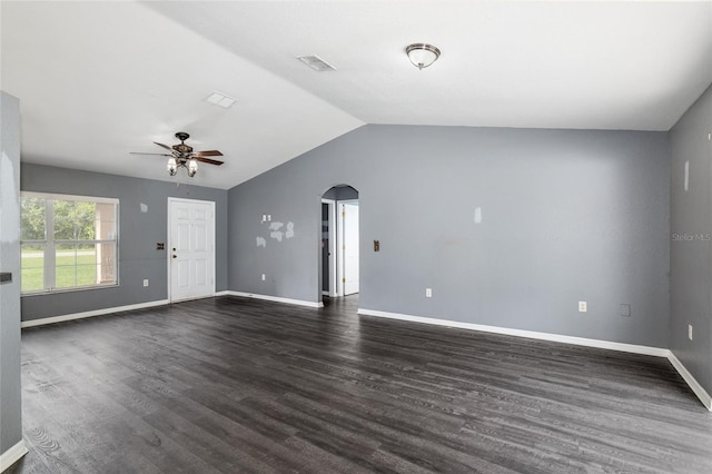 unfurnished living room featuring vaulted ceiling, ceiling fan, and hardwood / wood-style floors