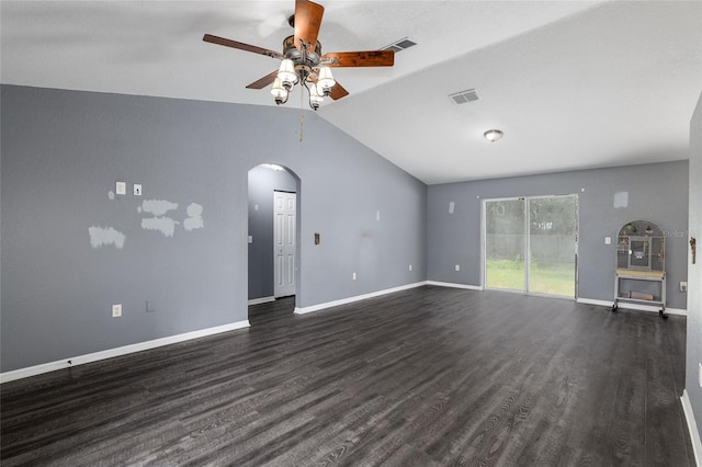 unfurnished living room with hardwood / wood-style flooring, lofted ceiling, and ceiling fan