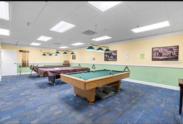 game room featuring dark carpet, pool table, and a drop ceiling