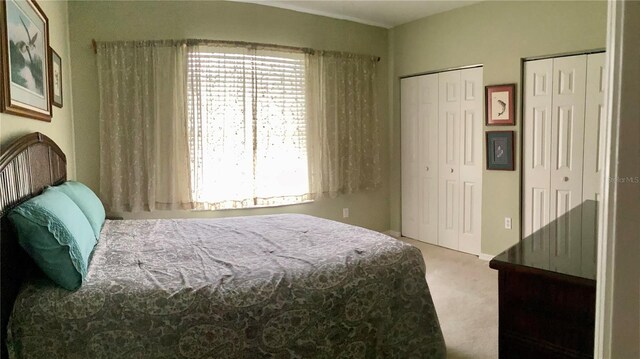 bedroom with multiple windows, light carpet, and two closets