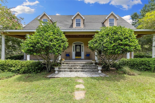 view of front of property with covered porch and a front lawn