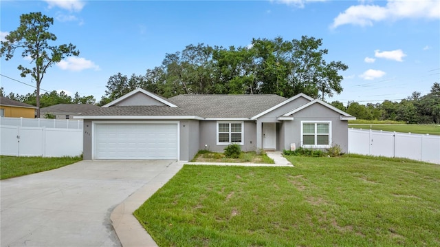 ranch-style house featuring a garage and a front yard