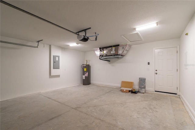 garage featuring a garage door opener, electric panel, and electric water heater