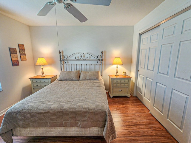 bedroom with wood-type flooring, a closet, and ceiling fan