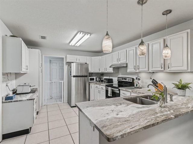 kitchen featuring sink, kitchen peninsula, appliances with stainless steel finishes, white cabinets, and pendant lighting