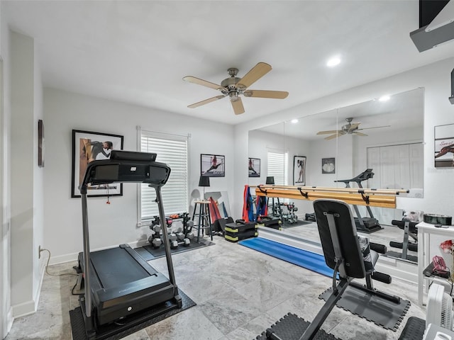 workout area featuring ceiling fan