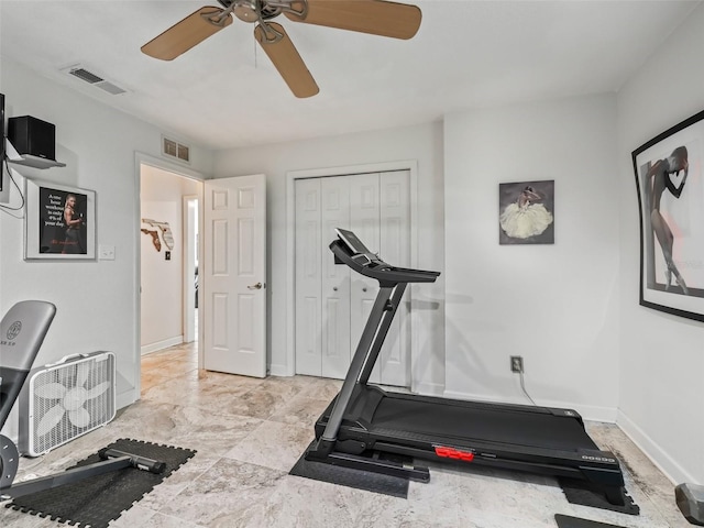 workout area featuring ceiling fan