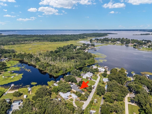 birds eye view of property with a water view