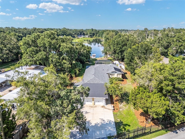 drone / aerial view with a water view