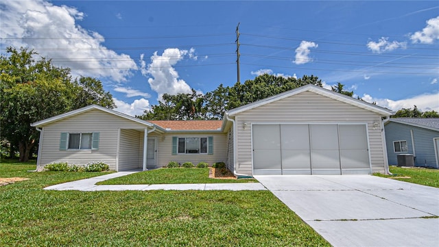 single story home featuring a garage, central AC, and a front yard